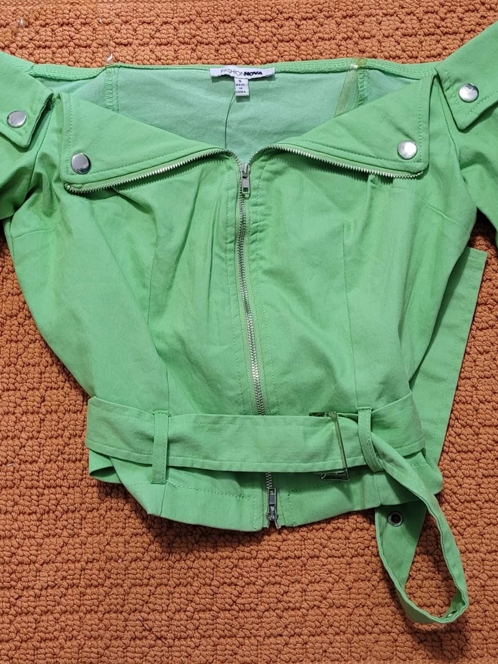 Fashion Nova Lime Green Off-Shoulder Belted Zip Jacket